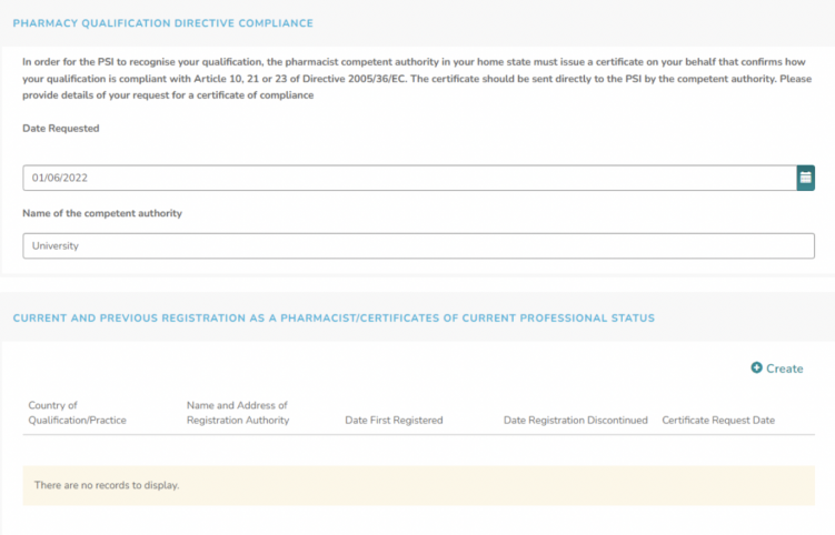 PSI Registration Website: Form to fill in as part of step two
