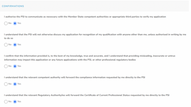 PSI Registration Website: Form to fill in as part of step four